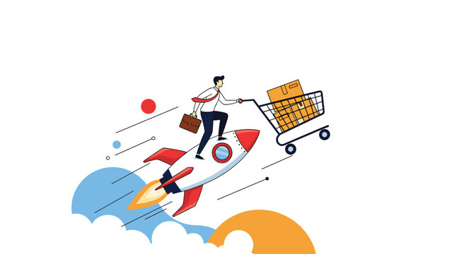 Entrepreneur riding a fast rocket while pushing a shopping cart full of packages to symbolize rapid growth in e-commerce and delivery.