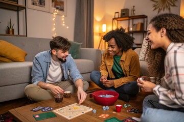 Fototapeta premium Three friends enjoy board game night together