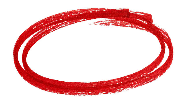 Red hand drawn circle with crayon texture, vibrant wax pencil oval frame, expressive crimson marker stroke for highlighting important information isolated PNG with Transparent Background