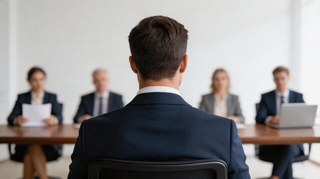 Job interview candidate sitting in front of hiring committee, recruitment process, business meeting, professional assessment, career opportunity, corporate selection panel