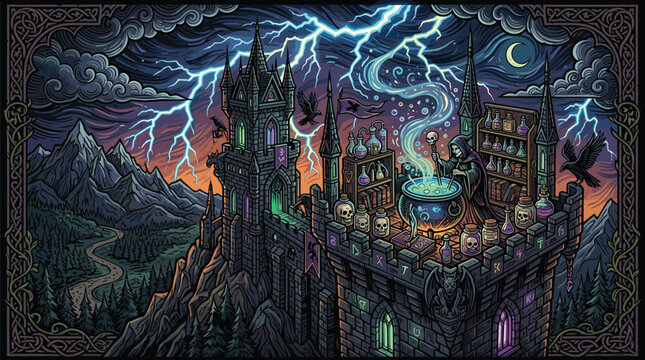 Gothic alchemist on a castle rooftop stirs a bubbling cauldron of green magic during a lightning storm.