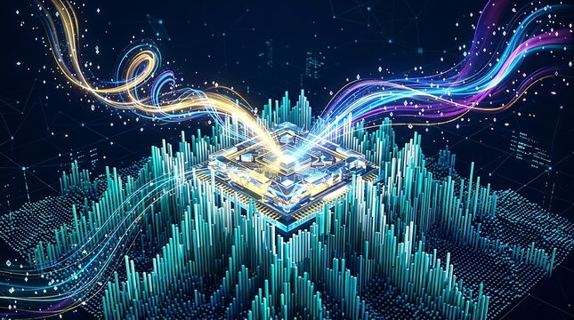 Microchip With Light Trails Over Data Visualization Futuristic Digital Rendering chip microprocessor