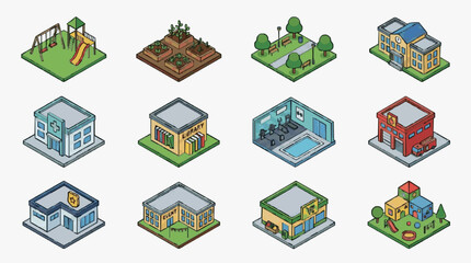 Naklejka premium Illustrated Urban Homes and Playground Scenes.