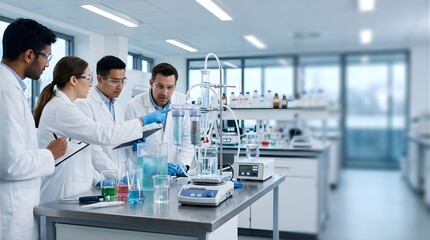 Fototapeta premium Diverse scientists working with water filtration equipment in laboratory