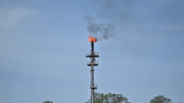 Industry torch fire working at oil refinery petrochemical factory with night sky background.