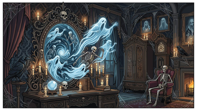 Ghostly spirits and skeletons emerge from a cursed ornate mirror into a dark Victorian room filled with candles.