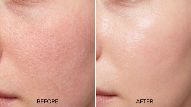 Before and after comparison of facial skin showing improvement in redness, texture, and pore size, highlighting smoother, healthier, and clearer complexion with visible reduction in irritation