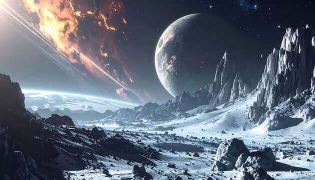 A rocky planetary surface with a large moon and explosion