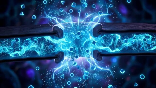 ネオンブルーの幾何学粒子が結合状態からカオスな流体へと分散する物理シミュレーションCG