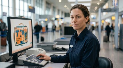 Fototapeta premium Professional airport security officer monitoring a suitcase scan at a checkpoint. White woman working with x ray inspection equipment in a busy terminal security screening area.