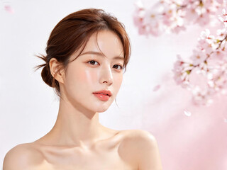 Naklejka premium 벚꽃 배경의 청순한 여성 뷰티 포트레이트 / Pure Beauty Portrait of a Woman with Cherry Blossoms