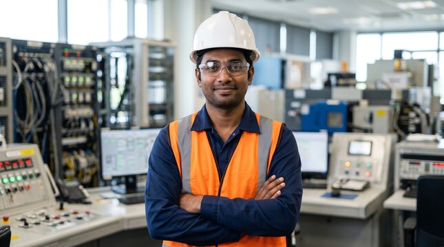Professional asian engineer standing with arms crossed in an industrial control room. Specialist wearing hard hat and safety vest in a modern factory monitoring equipment and automation systems.