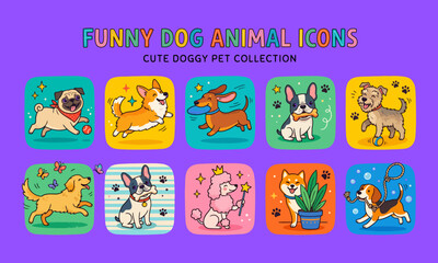 Fototapeta premium Collection of ten colorful cute dog cartoon icons representing different breeds and playful activities .