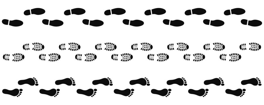 Footsteps Pattern Black Vector Isolated On White Background, Footprint Trail, Walking Steps Path, Hiking Legs Tracks, Footstep
