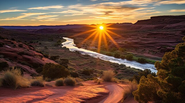 Sunset over desert river landscape in Moab, Utah
