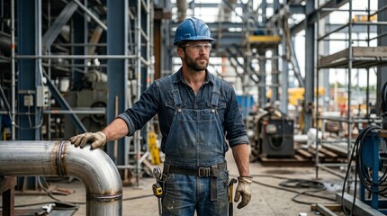 Fototapeta premium Professional pipefitter standing beside steel piping inside an industrial plant with helmet gloves and tools. Skilled specialist inspecting heavy machinery in a metal fabrication workshop and