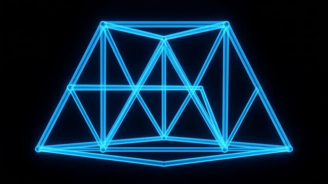 ネオンブルーの微小管がランダムな曲線から幾何学的なテンセグリティ構造へと変化する抽象的な物理シミュレーションCG
