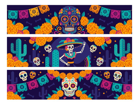 Mexican Day of the Dead Horizontal Banner Set with Sugar Skulls, Marigolds, and La Catrina Vector Illustration
