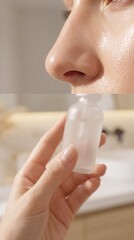 Naklejka premium Close up of woman nose with smooth skin, holding small clear glass bottle, skincare routine in bright bathroom, healthy and fresh appearance