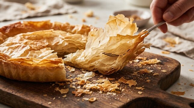 Torn Filo Pastry Layers Showing Flaky Texture