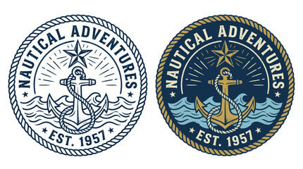 Vintage nautical adventure emblems with anchor rope and ocean waves © nanas