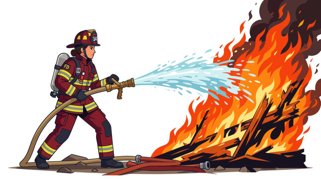 Female firefighter spraying water from a hose to extinguish a blaze