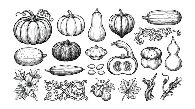 Vintage pumpkin and squash sketches, hand drawn autumn harvest vegetable collection, rustic engraved botanical vector set for thanksgiving