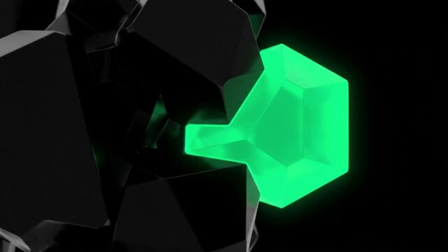 ネオンエメラルドの幾何学基質に酵素分子が密着し完全な結合状態へと変化する抽象的な物理シミュレーションCG