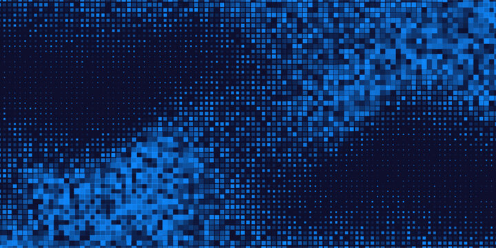 Abstract Blue Tech Vector Background with Square Pixel Matrix Wave. Modern Digital Cyber Security Banner for Big Data Corporate Presentation, Futuristic Blockchain Tech Wallpaper, Copy Space.