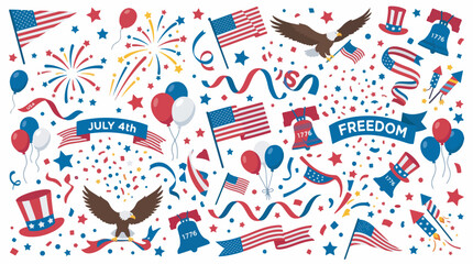 Obraz premium A vibrant collection of American patriotic symbols and elements for Independence Day celebrations, including flags, fireworks, eagles, and confetti.