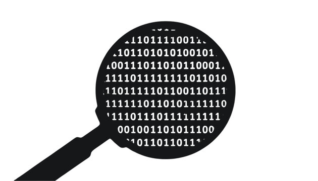 Magnifying glass focused on binary code represents a deep search for data in a digital environment.