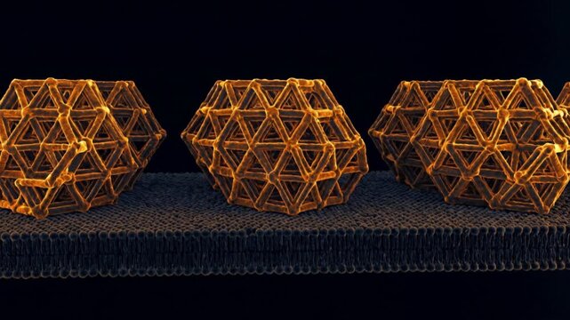 ネオンアンバーの幾何学タンパク質構造がカオスなブラウン運動から整列した個体状態へと収束する物理シミュレーションCG