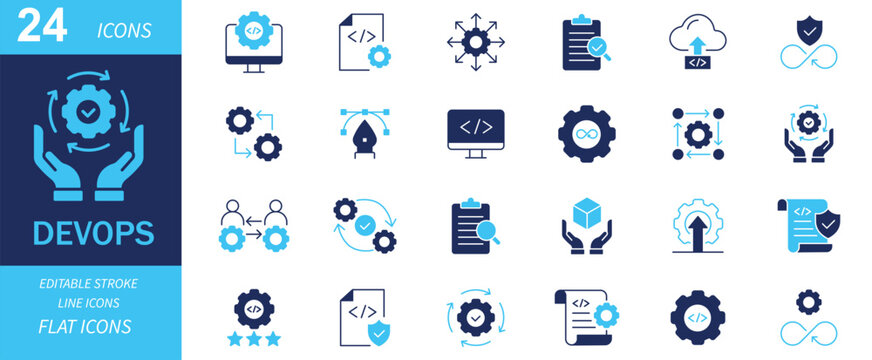 DevOps icon set with 24 flat vector icons, software development and IT operations symbols, blue and navy technical workflow graphics for web design
