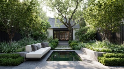 Fototapeta premium Serene outdoor living space features a modern water feature surrounded by lush, mature landscaping and seating.
