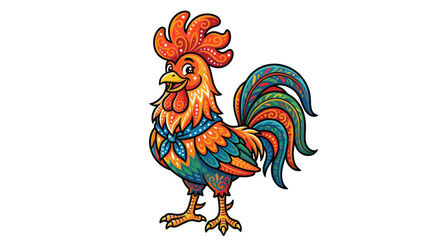 Vibrant rooster mascot with intricate ornate patterns and blue bandana © nanas