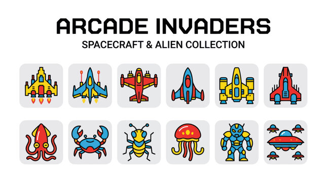 Retro arcade invader spacecraft and alien monster icon collection