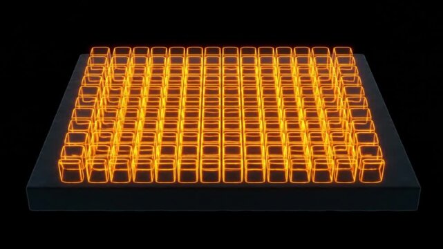 ネオンアンバーの幾何学タンパク質構造がカオスなブラウン運動から整列した個体状態へと収束する物理シミュレーションCG