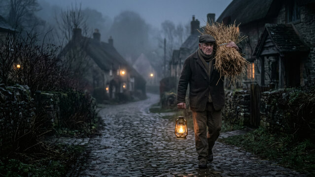 Man Carrying Bundle Of Thatch Walking Down Cobblestone Street Atmospheric Scene