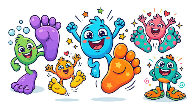 Happy colorful monsters with big feet jumping and playing together