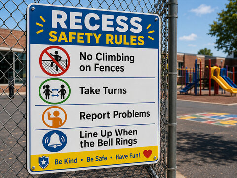 Recess safety rules sign on a playground fence with icons for no climbing take turns report problems and line up when the bell rings promoting safe active school play outdoors every day