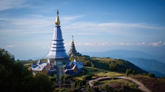 Ornate religious stupas crown a verdant mountain peak under a bright sky