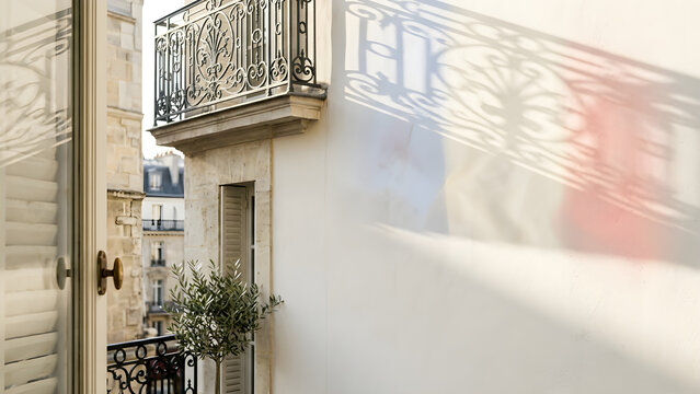 French Balcony Shadow Mockup with Subtle Tricolor Light, Elegant European Morning Scene, Clean Wall