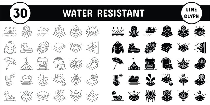 Water Resistant Line Glyph Vector Illustration Icon Sticker Set Design Materials