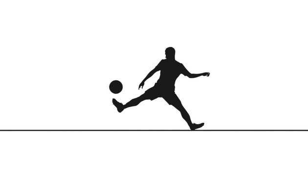 Soccer player silhouette performs a dynamic kick move to strike the ball on a plain white background.