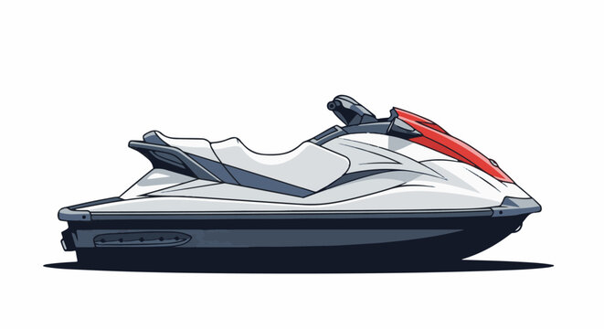 A cartoon-style illustration of a white and black jet ski with red accents