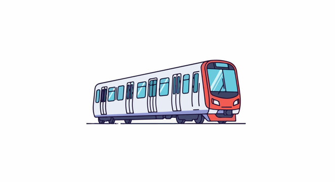 A cartoon-style illustration of a white and orange train with blue windows
