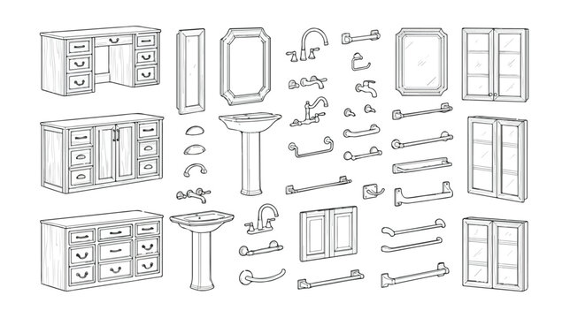 Vintage bathroom furniture and fixtures collection, retro interior design elements vector set, classic vanity cabinets and pedestal sinks