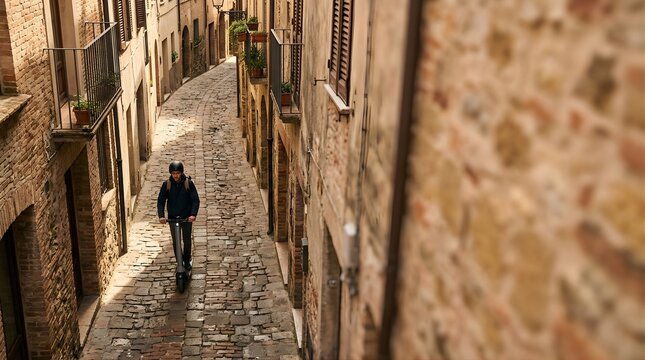 Young man riding an electric scooter through a narrow stone street in Italy