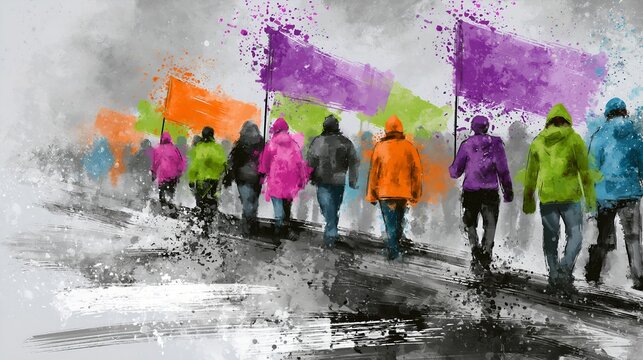 Colorful figures march forward through heavy rain with vivid flag banners