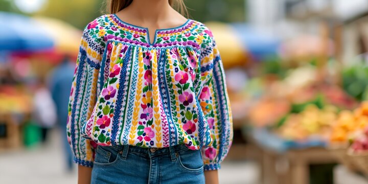 Person wears hand-embroidered blouse at colorful outdoor market